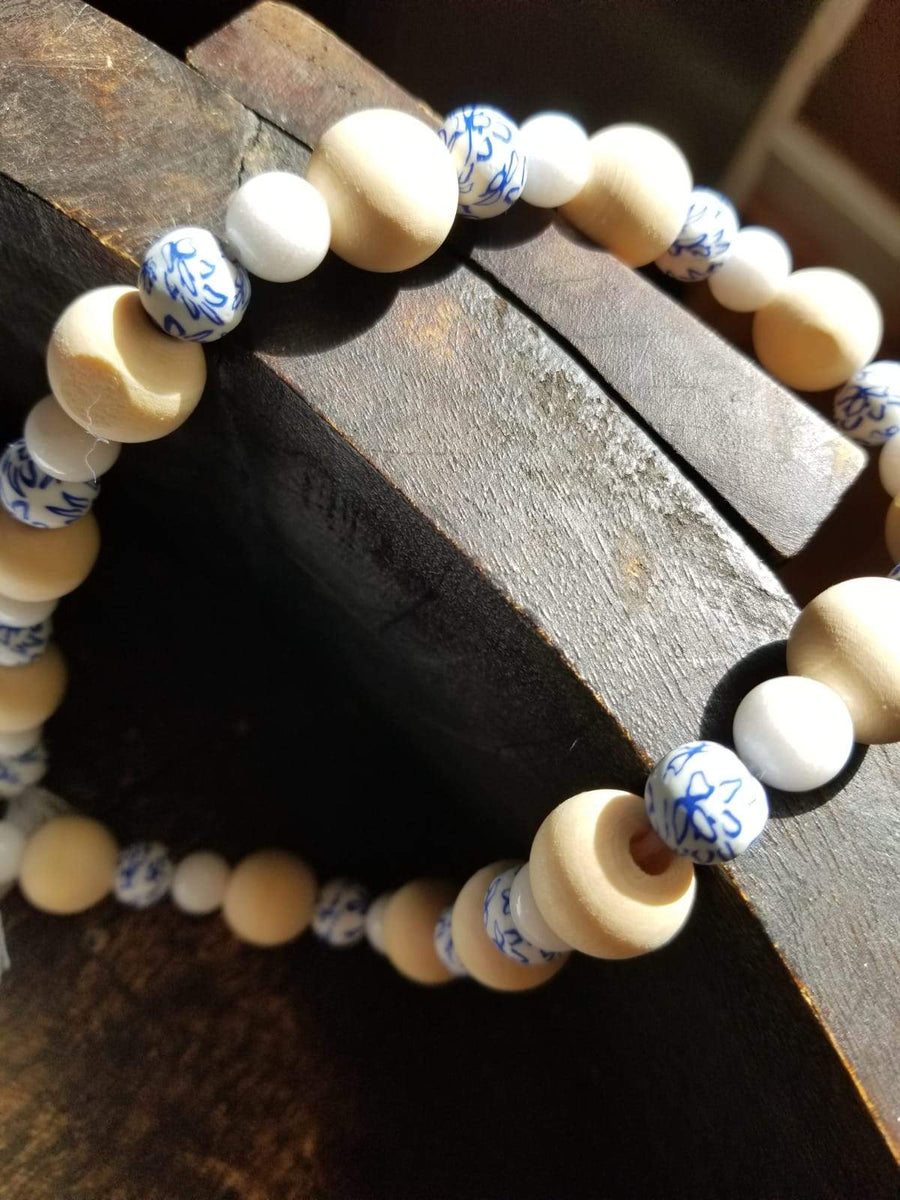 Handmade Garland with Blue & White Clay beads + Natural White Jade Stone with wooden beaded accents The Silver Root