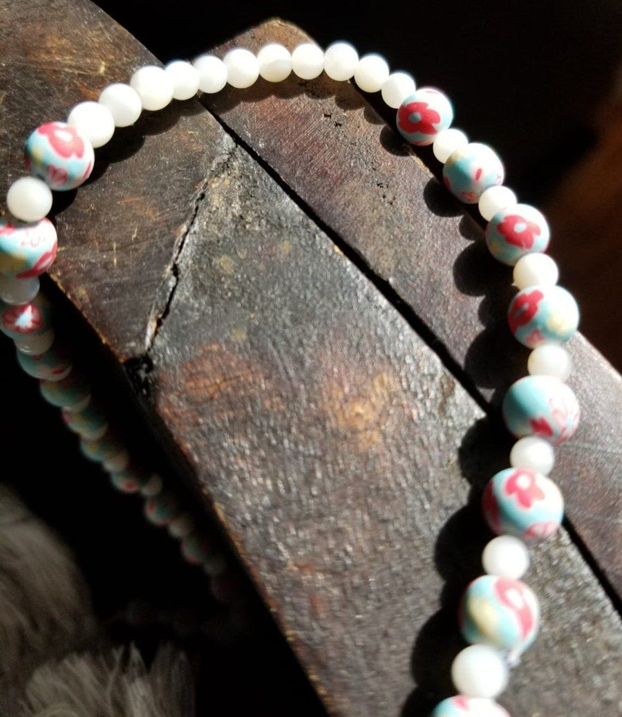 Handmade Garland with Multi-colored Clay beads + Natural White Jade Stone The Silver Root